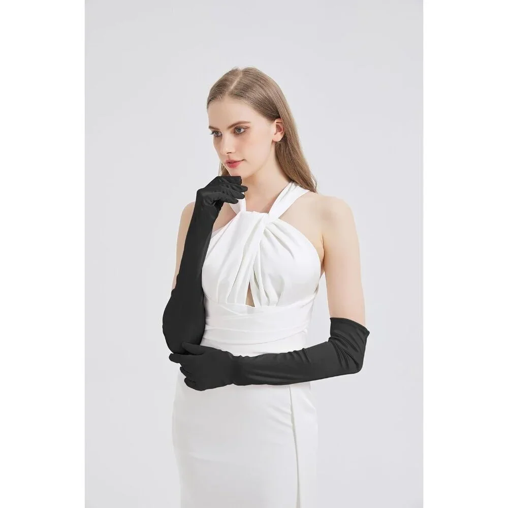 Women's Black Long Imported Satin Elbow Length Halloween Cosplay Opera Gloves